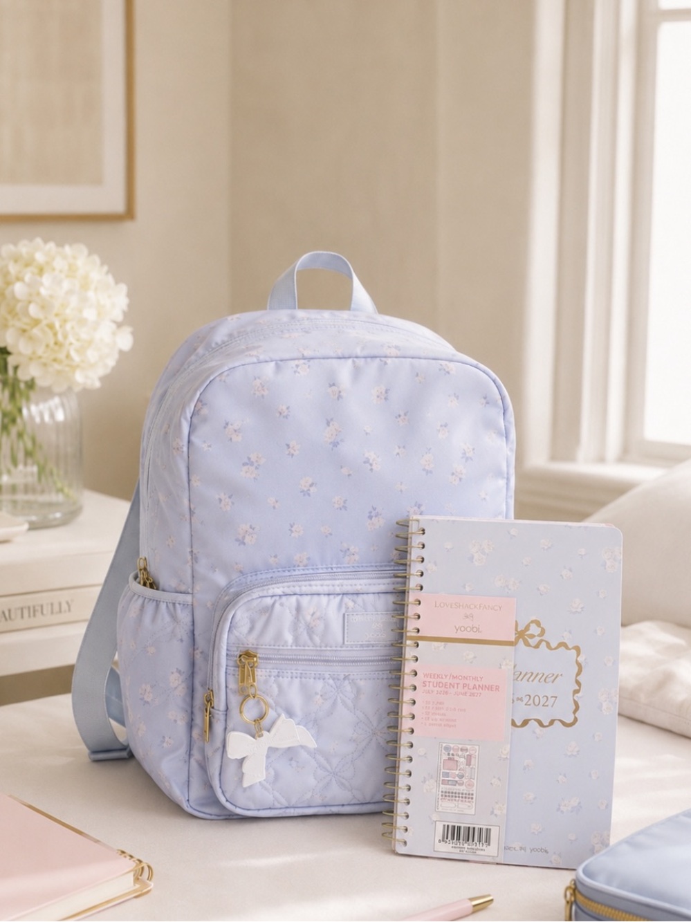 Light Blue Floral Backpack for Women